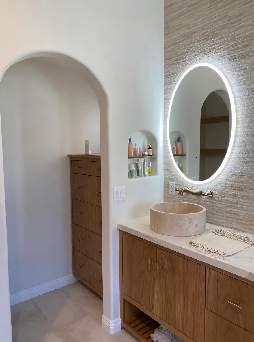 Arched bathroom alcove with travertine vessel sink