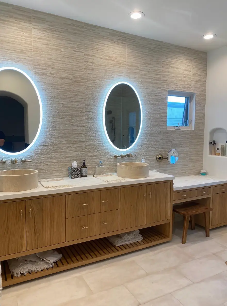 Oak double vanity with backlit oval mirrors