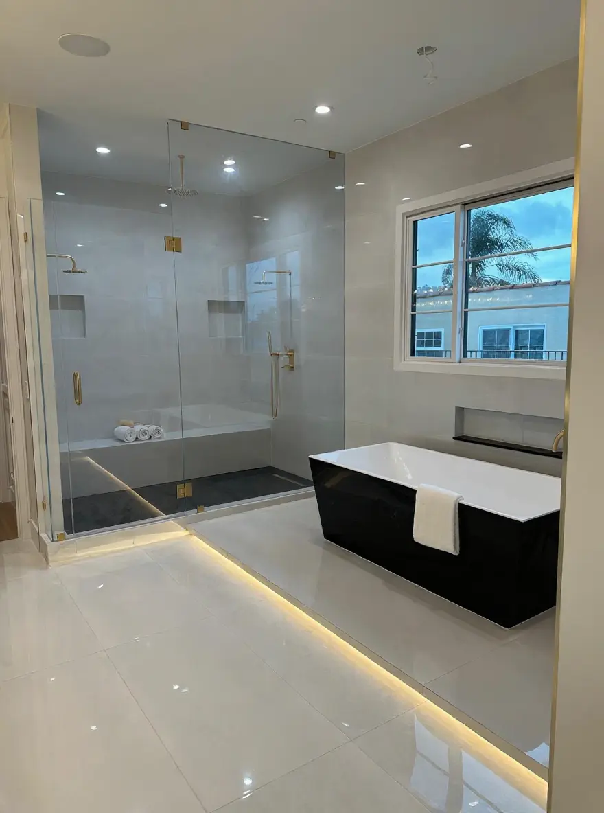 Marble bathroom suite with freestanding soaking tub